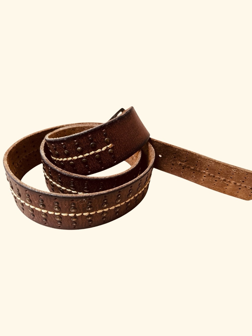 Vintage American Eagle Leather Studded Belt With Stitching Tan Brown Size Large